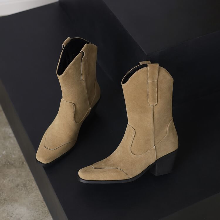 Suede Calf Square Block Mid Panel Heel Faux Toe Boots