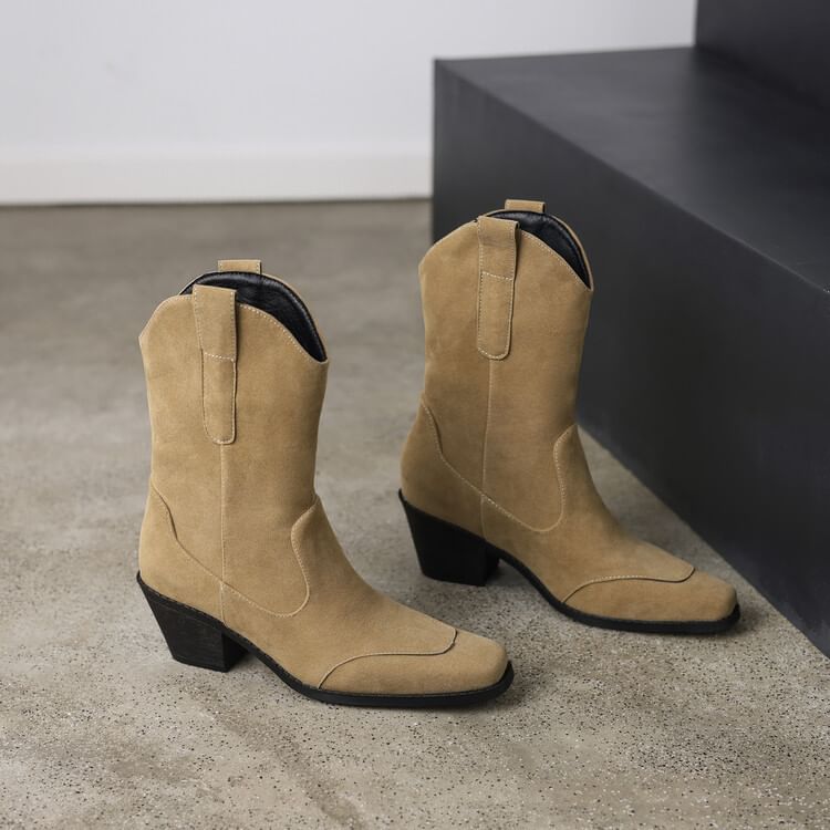 Suede Calf Square Block Mid Panel Heel Faux Toe Boots
