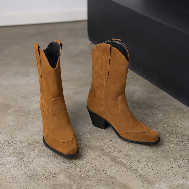 Suede Calf Square Block Mid Panel Heel Faux Toe Boots