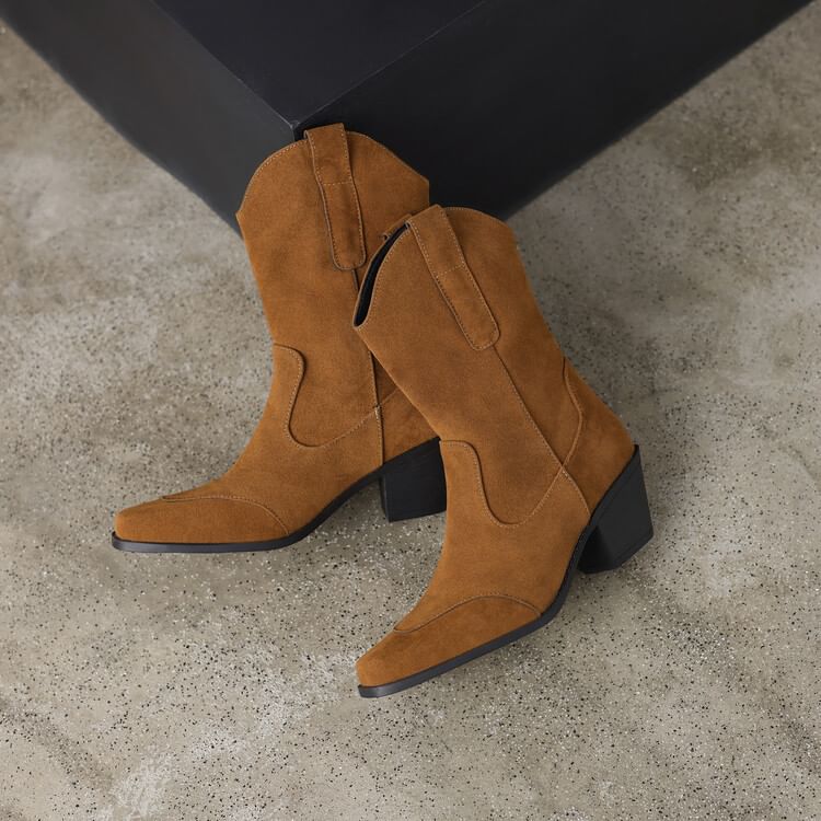 Suede Calf Square Block Mid Panel Heel Faux Toe Boots