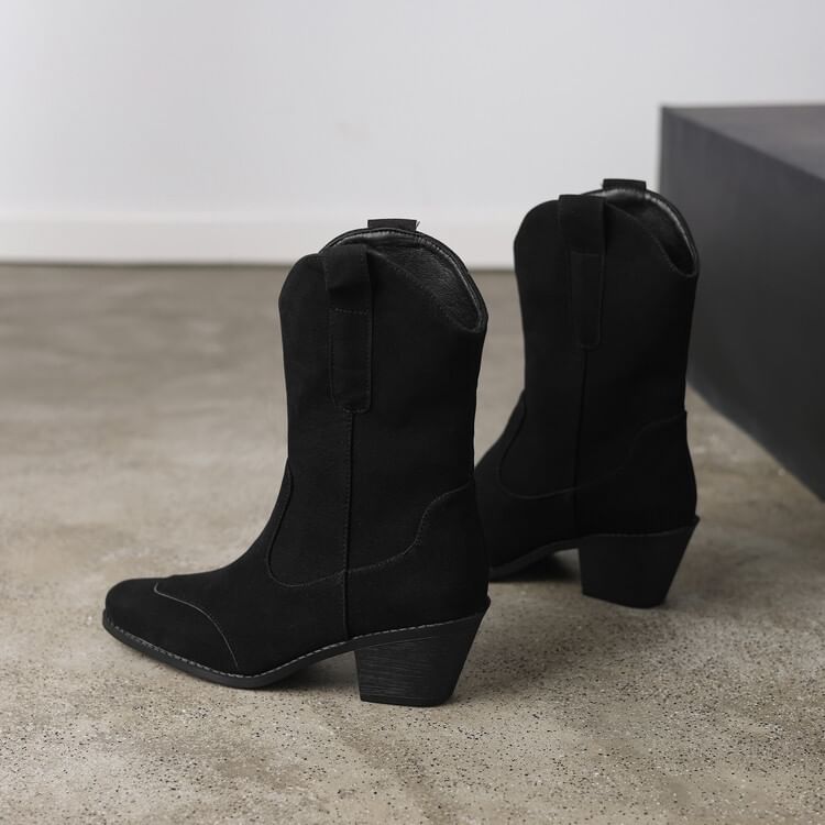 Suede Calf Square Block Mid Panel Heel Faux Toe Boots