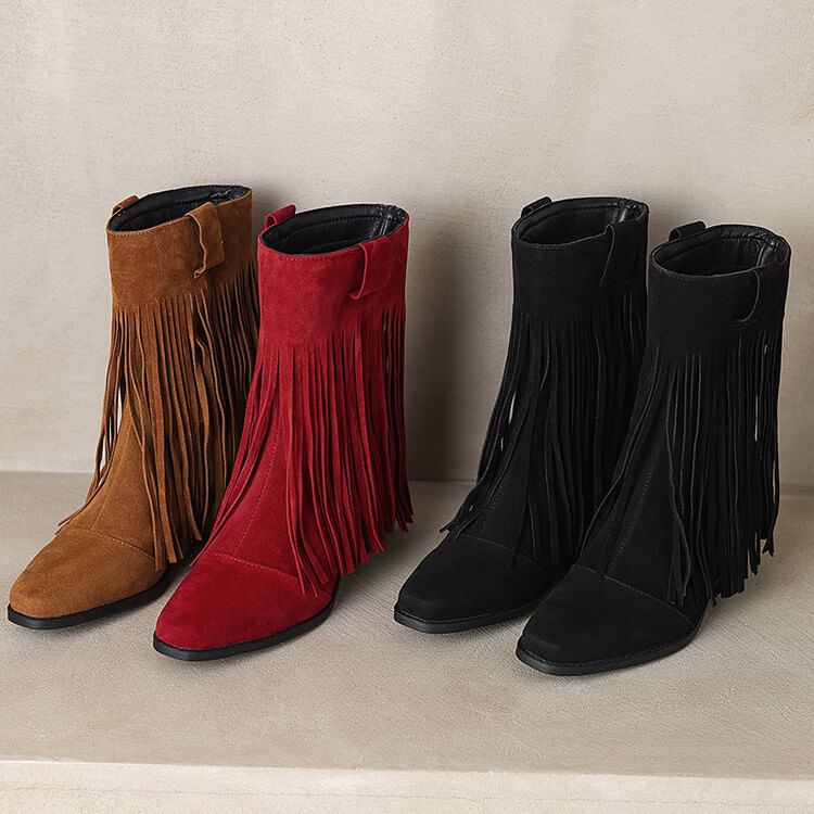 Suede Fringe Heel Calf Faux Square Boots Mid Block Toe