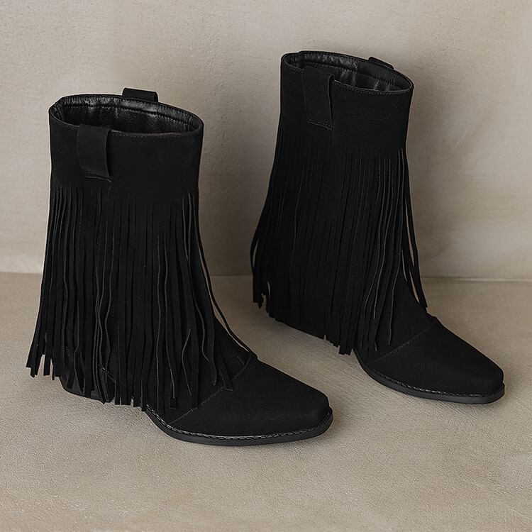 Suede Fringe Heel Calf Faux Square Boots Mid Block Toe