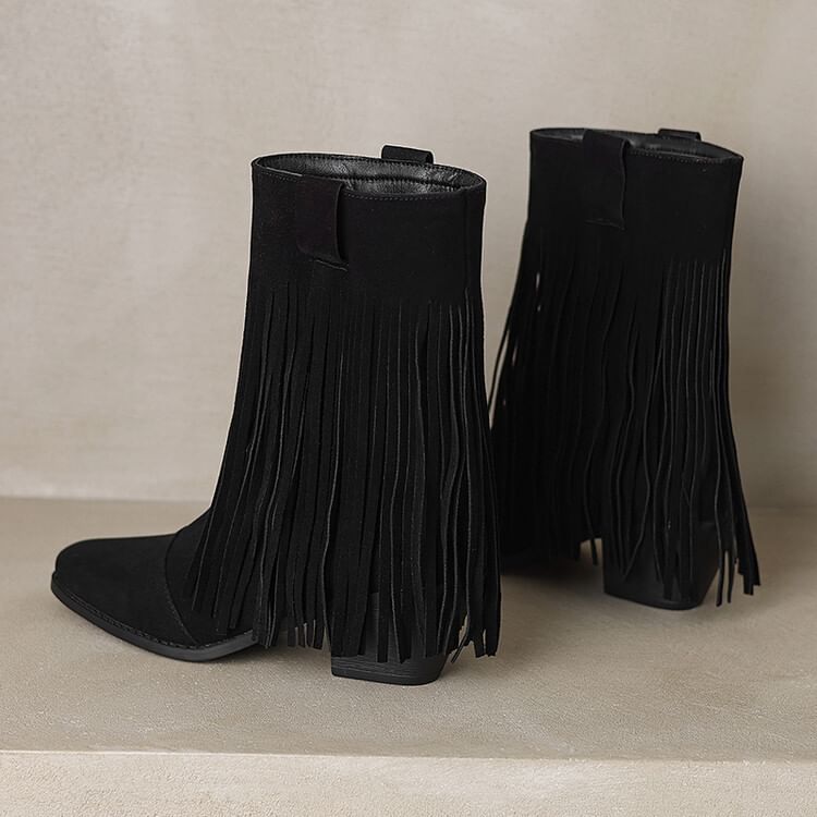 Suede Fringe Heel Calf Faux Square Boots Mid Block Toe