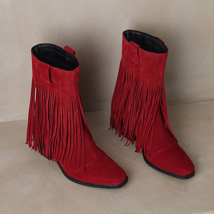 Suede Fringe Heel Calf Faux Square Boots Mid Block Toe