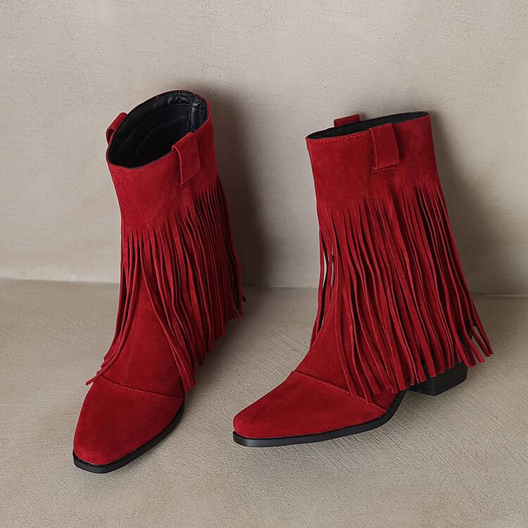 Suede Fringe Heel Calf Faux Square Boots Mid Block Toe