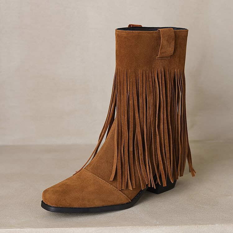 Suede Fringe Heel Calf Faux Square Boots Mid Block Toe