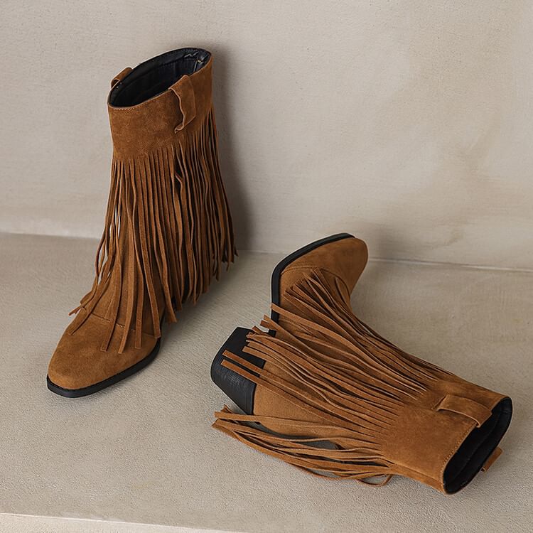 Suede Fringe Heel Calf Faux Square Boots Mid Block Toe