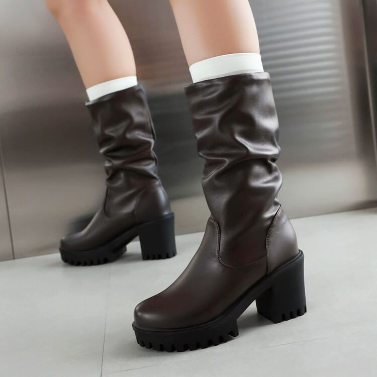 Boots Platform Mid Heel Block Calf