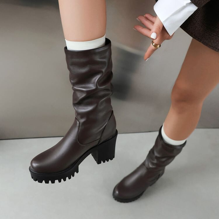 Boots Platform Mid Heel Block Calf