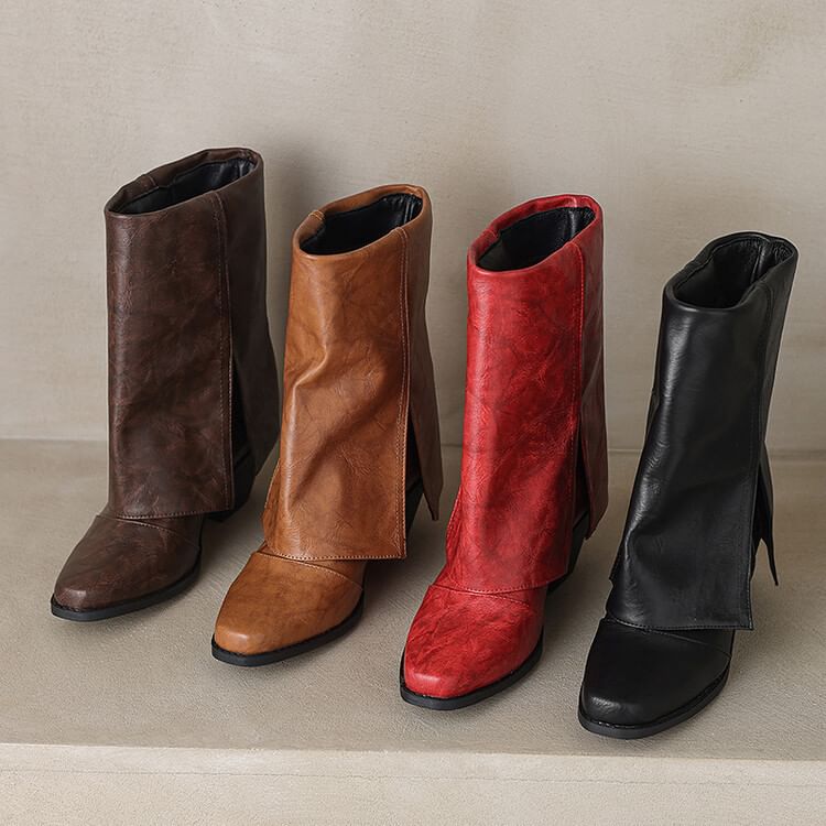 Toe Square Block Panel Heel Calf Boots Mid