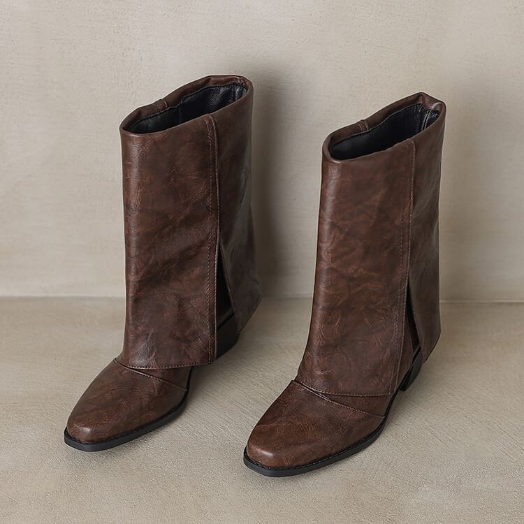 Toe Square Block Panel Heel Calf Boots Mid