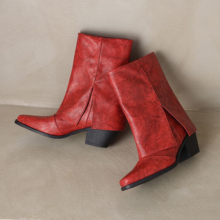 Toe Square Block Panel Heel Calf Boots Mid