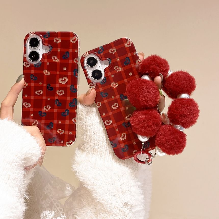 Heart Pom / Set Strap Plaid Case Phone