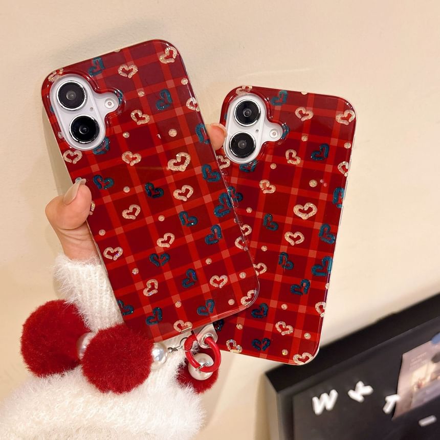 Heart Pom / Set Strap Plaid Case Phone