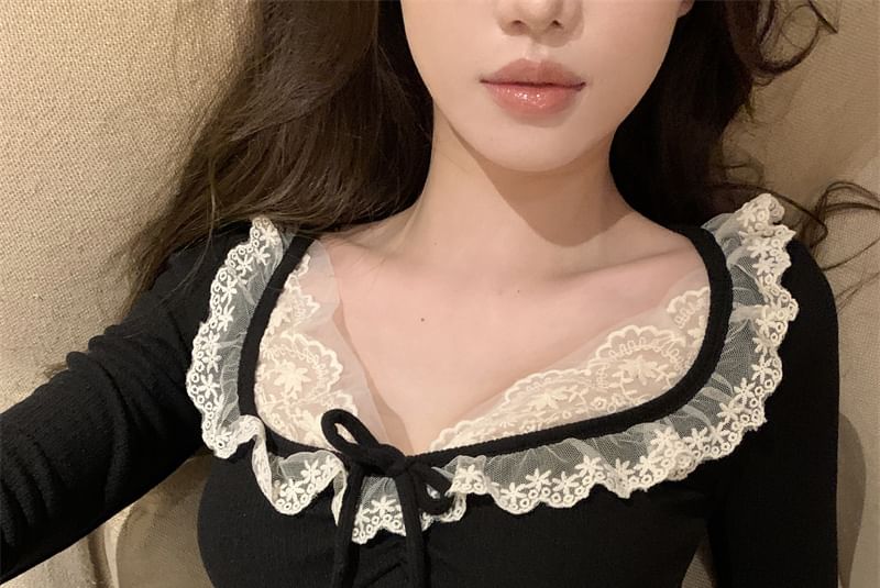 Sleeve Neck Trim Long Plain Lace Top Crop Scoop