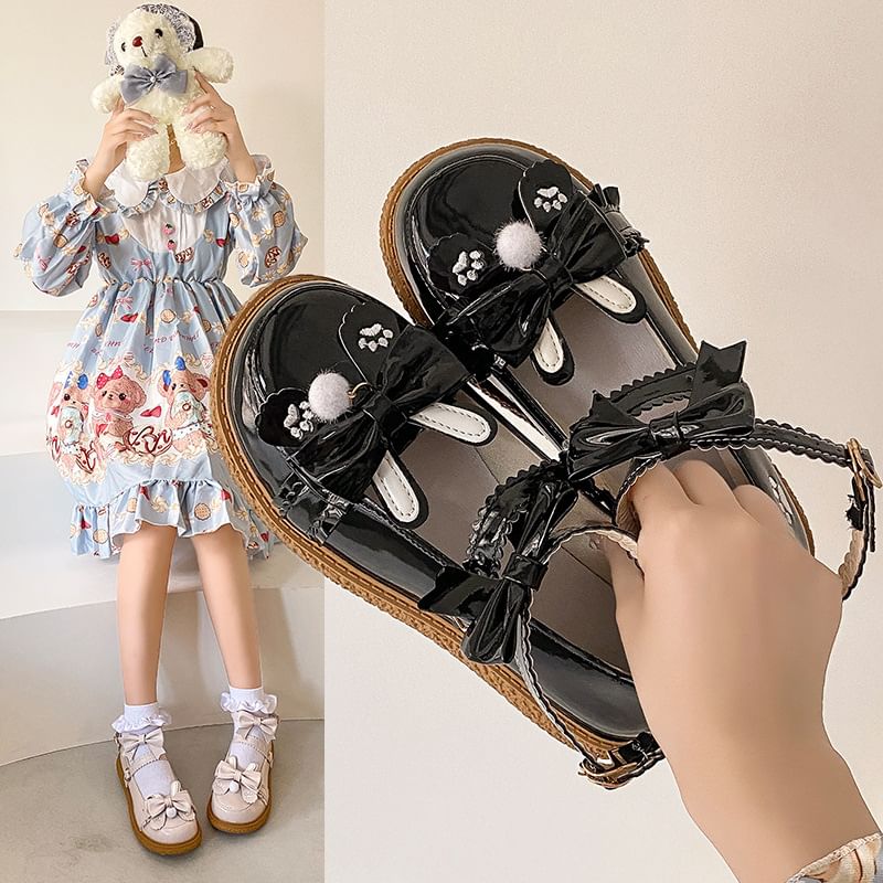 Platform Bow Ankle Embroidered Paw Shoes Strap Jane Mary