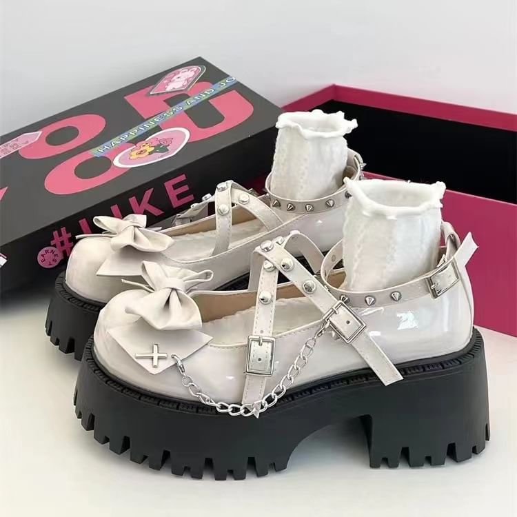 Mary Heel Strap Chunky Bow Pumps Platform Cross Jane Studded