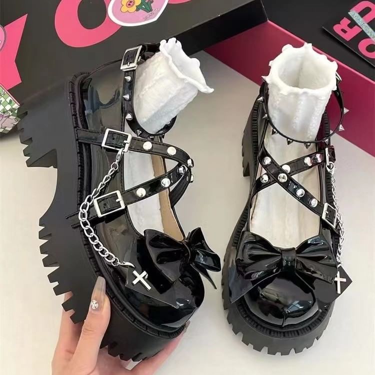 Mary Heel Strap Chunky Bow Pumps Platform Cross Jane Studded