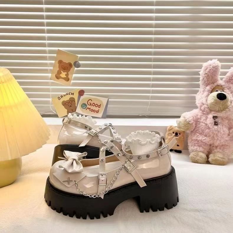 Mary Heel Strap Chunky Bow Pumps Platform Cross Jane Studded