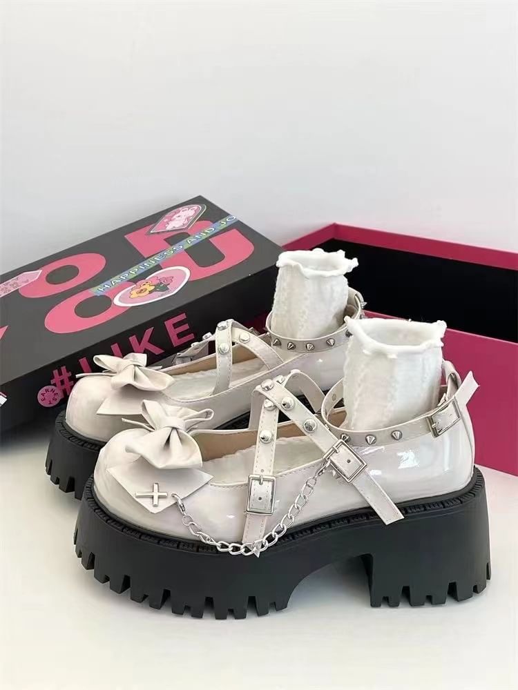 Mary Heel Strap Chunky Bow Pumps Platform Cross Jane Studded