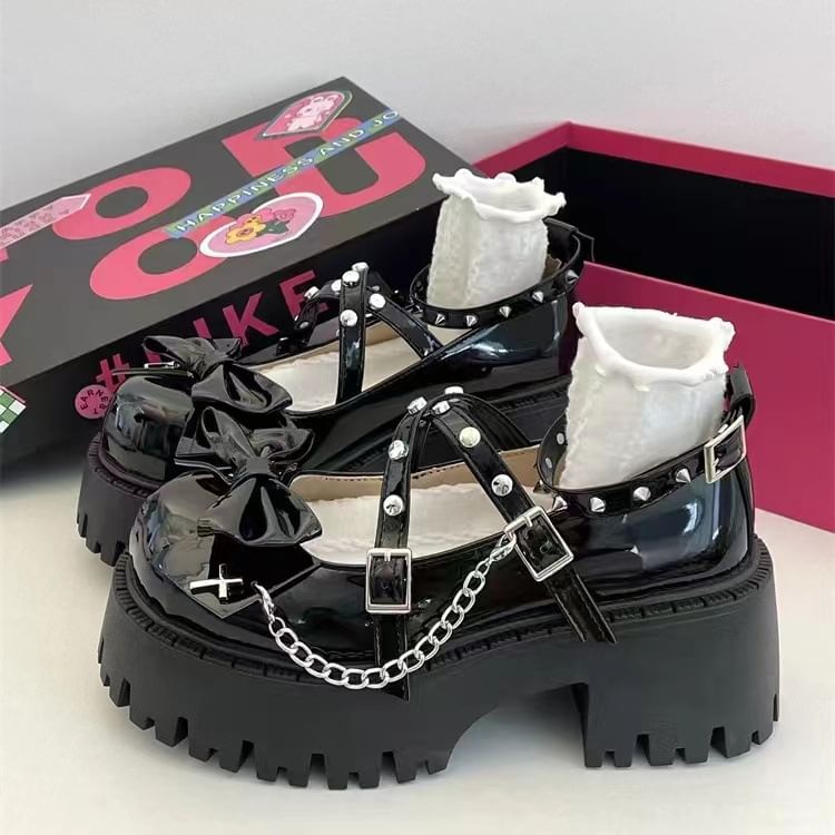 Mary Heel Strap Chunky Bow Pumps Platform Cross Jane Studded