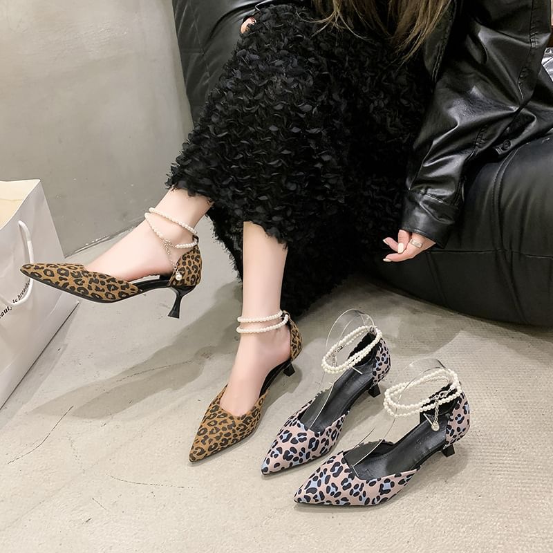 Pointed Print Leopard Strap Sandals Kitten Heel Ankle