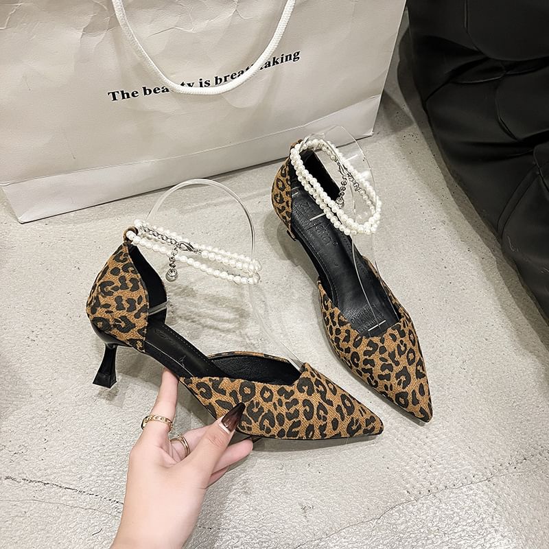 Pointed Print Leopard Strap Sandals Kitten Heel Ankle