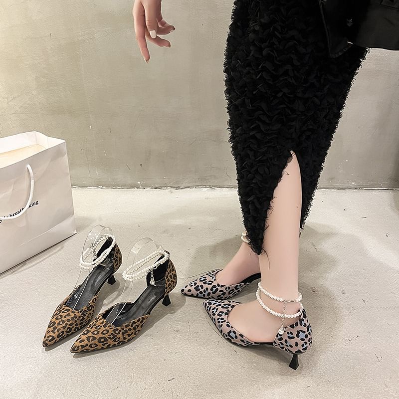 Pointed Print Leopard Strap Sandals Kitten Heel Ankle