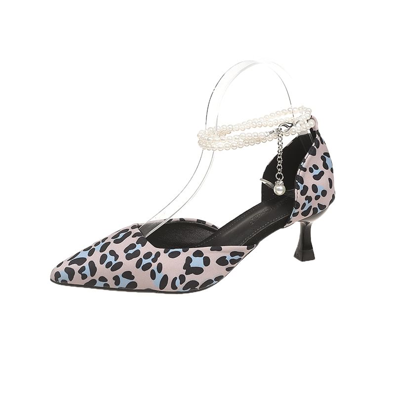 Pointed Print Leopard Strap Sandals Kitten Heel Ankle