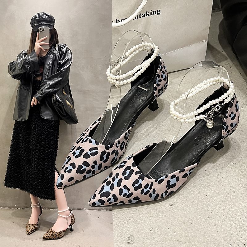 Pointed Print Leopard Strap Sandals Kitten Heel Ankle