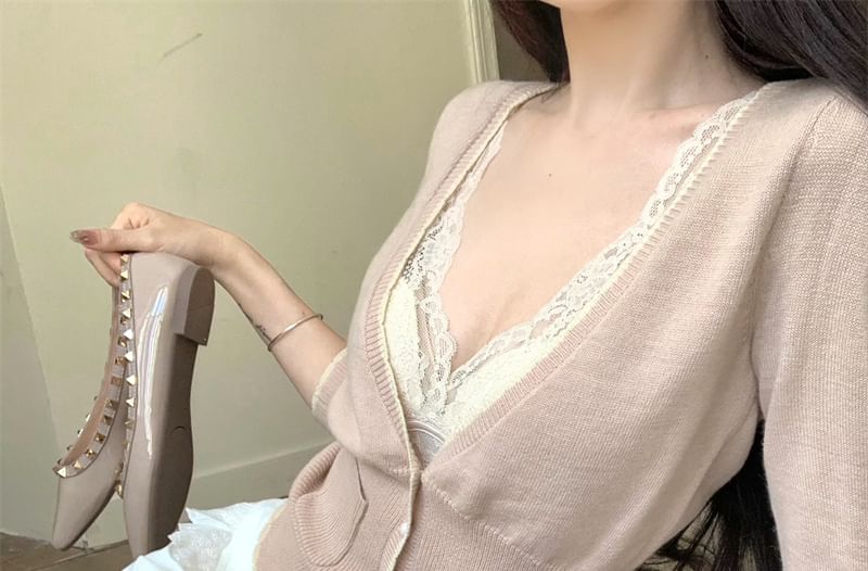 Shorts 3/4 V-Neck Top Cardigan Cami Lace / Sleeve Rise Mid Crop Plain