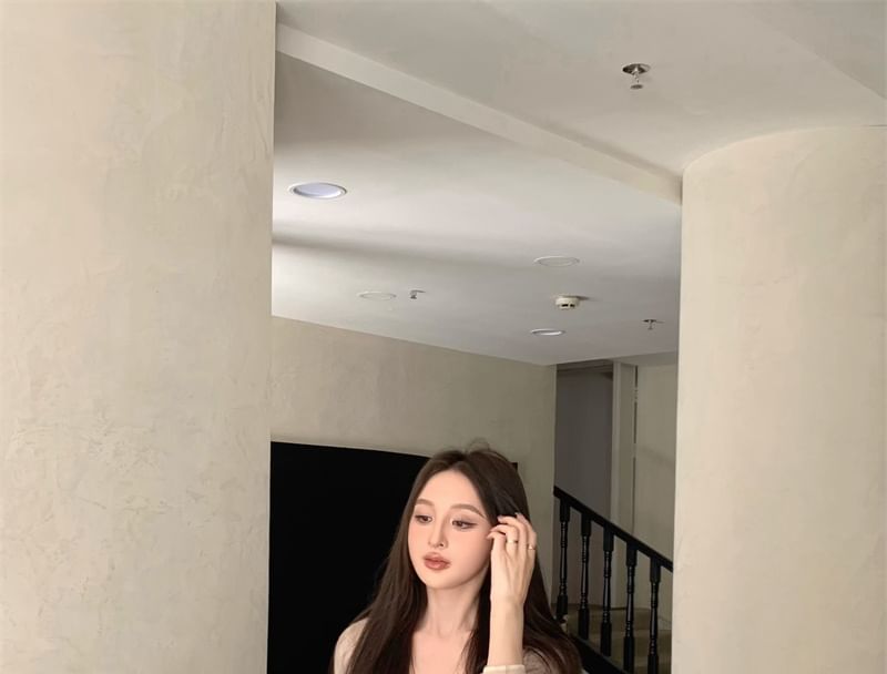 Shorts 3/4 V-Neck Top Cardigan Cami Lace / Sleeve Rise Mid Crop Plain