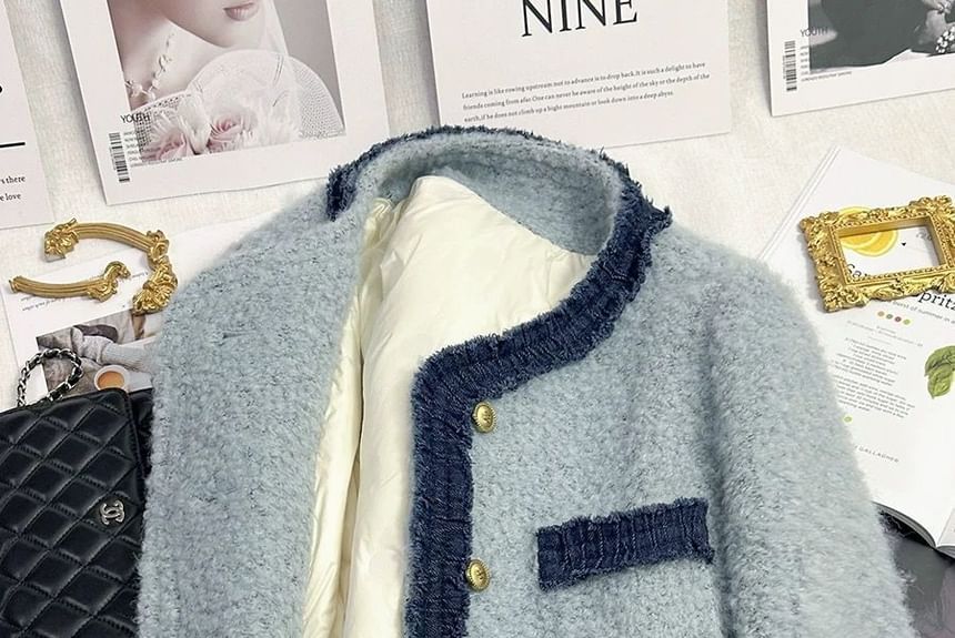 Round Boucle Denim Panel Neck Jacket Button