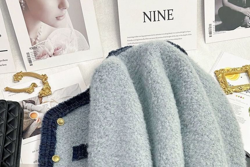 Round Boucle Denim Panel Neck Jacket Button