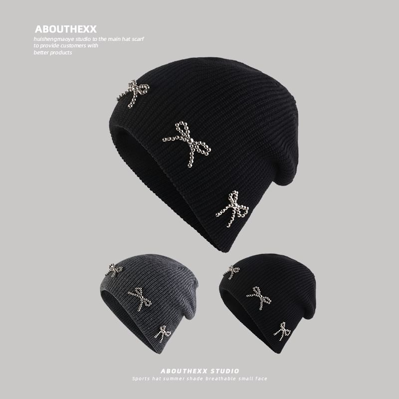 Beanie Metallic Knit Studded Bow