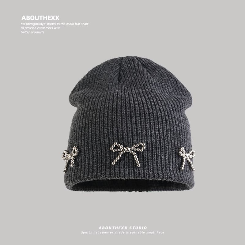Beanie Metallic Knit Studded Bow