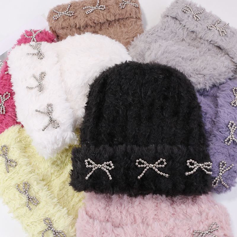 Metallic Studded Chenille Bow Beanie