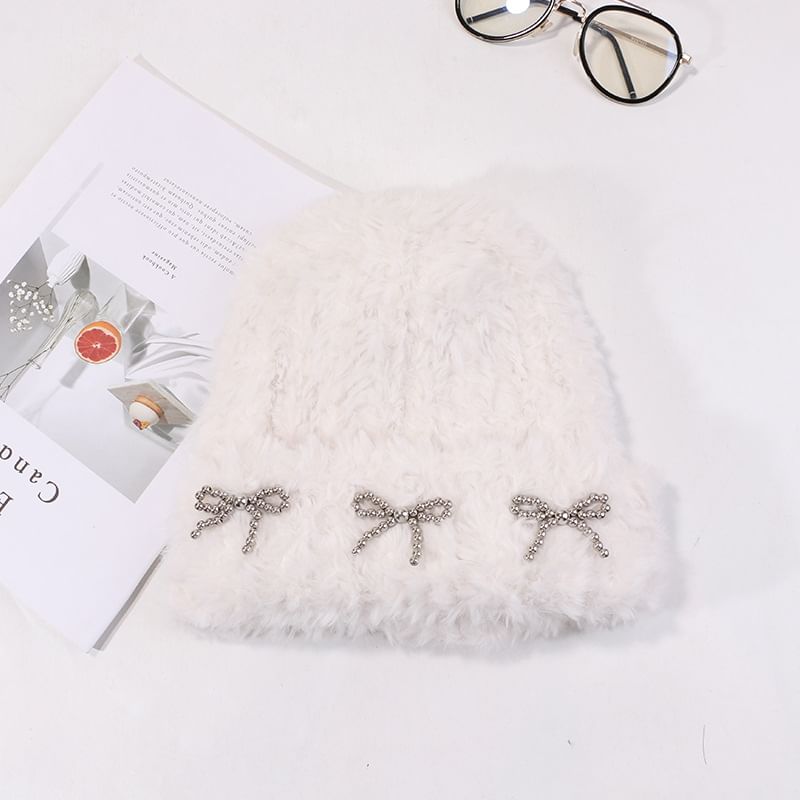 Metallic Studded Chenille Bow Beanie