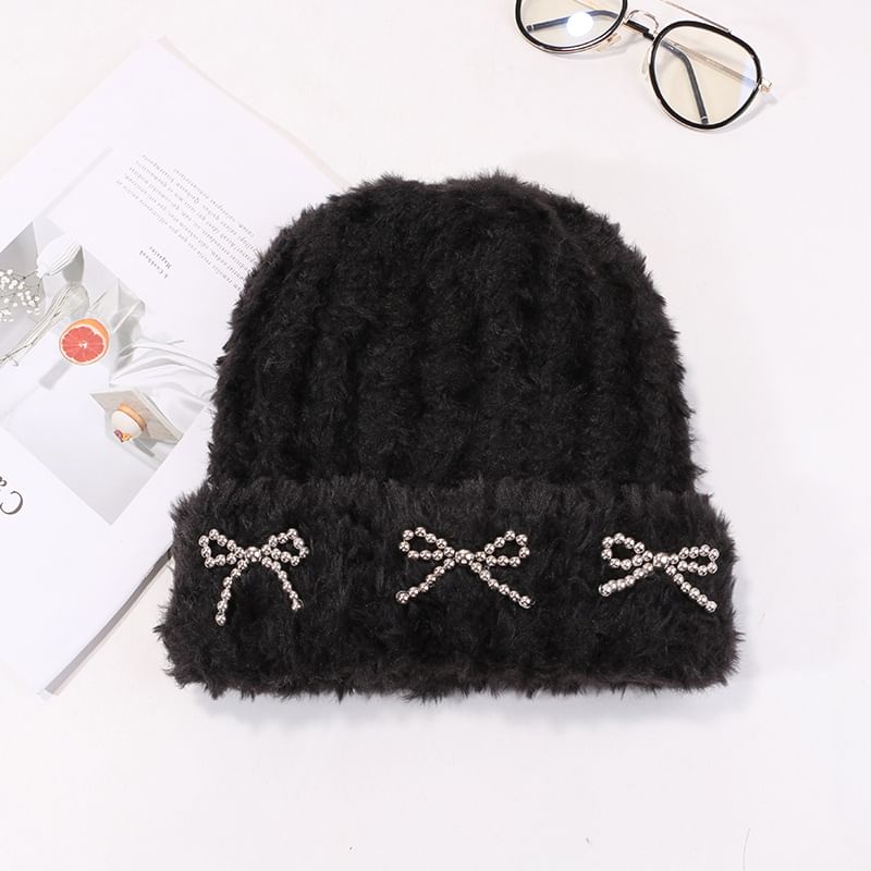 Metallic Studded Chenille Bow Beanie