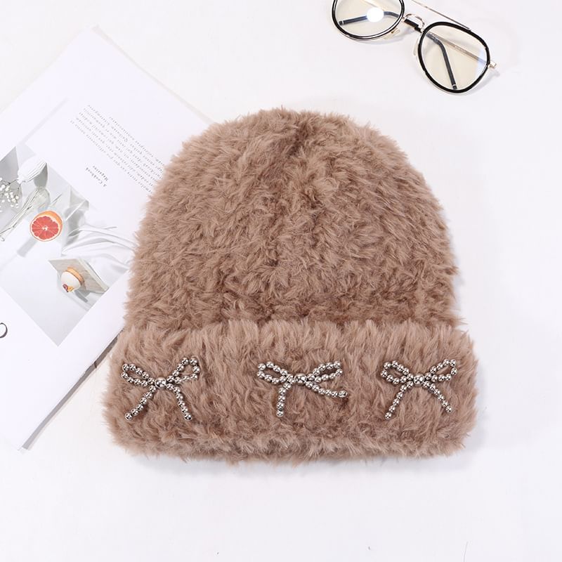 Metallic Studded Chenille Bow Beanie