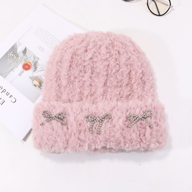 Metallic Studded Chenille Bow Beanie
