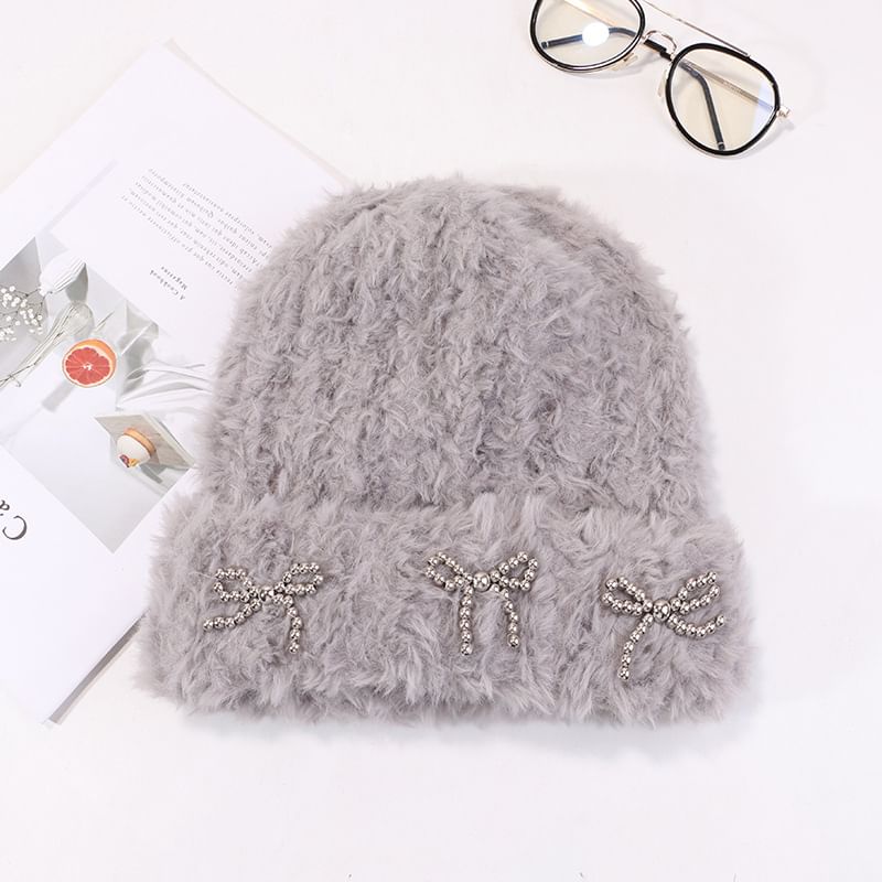 Metallic Studded Chenille Bow Beanie