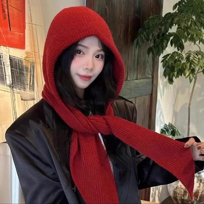 Knit Hooded Scarf Plain