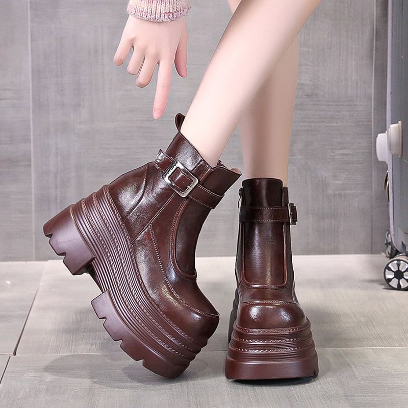 Short Zip-Up Genuine Platform Plain Boots Leather Buckled