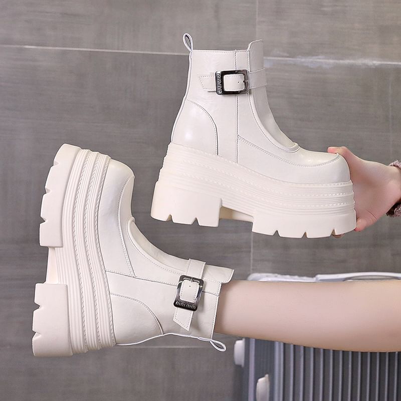 Short Zip-Up Genuine Platform Plain Boots Leather Buckled