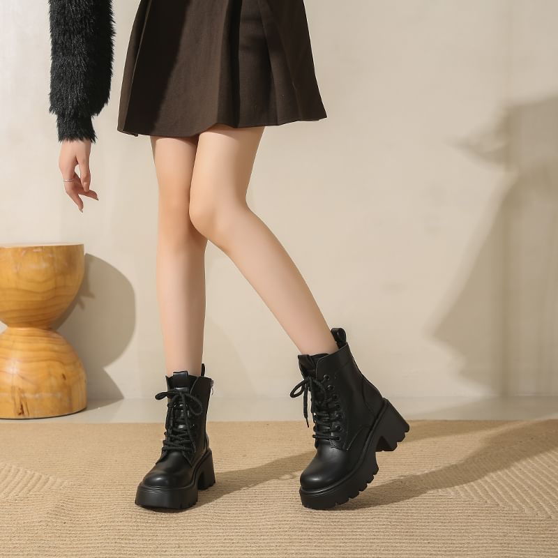 Boots Plain Leather Short Lace-Up Platform Genuine