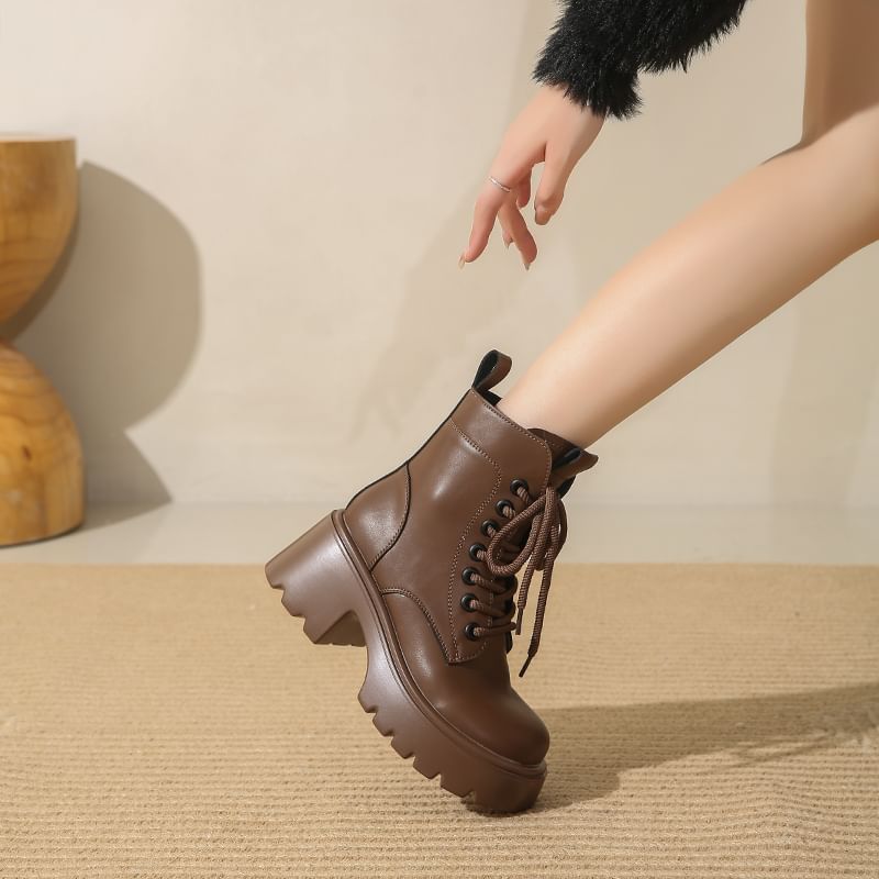 Boots Plain Leather Short Lace-Up Platform Genuine