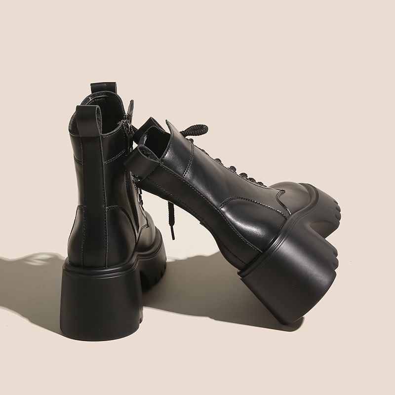Boots Plain Leather Short Lace-Up Platform Genuine
