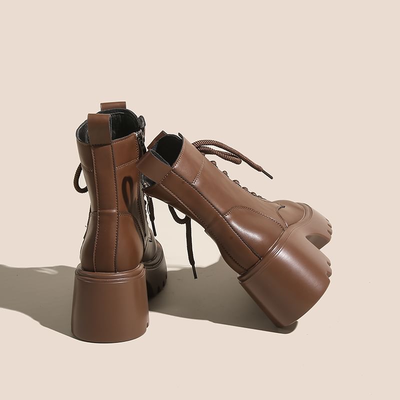 Boots Plain Leather Short Lace-Up Platform Genuine